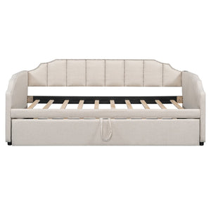 English Elm Twin Linen Upholstered Daybed with Pop up Trundle and Built in Usb Charging Beige SF000199AAA