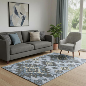 HomeRoots 8' Blue Charcoal and Gray Tribal Washable Round Rug - Durable, Stylish, Stain Resistant with UV Protection 708991
