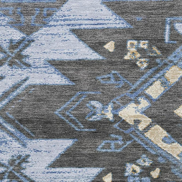 HomeRoots 8' Blue Charcoal and Gray Tribal Washable Round Rug - Durable, Stylish, Stain Resistant with UV Protection 708991