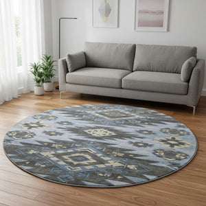 HomeRoots 8' X 10' Blue Charcoal Gray Tribal Rug - Washable, UV Protected, Stain Resistant for Busy Homes 708992