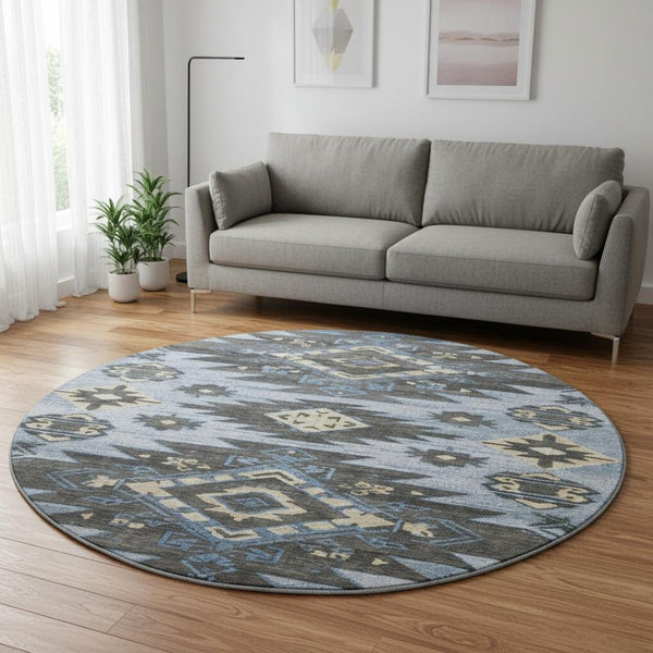 HomeRoots 8' X 10' Blue Charcoal Gray Tribal Rug - Washable, UV Protected, Stain Resistant for Busy Homes 708992