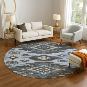HomeRoots 8' X 10' Blue Charcoal Gray Tribal Rug - Washable, UV Protected, Stain Resistant for Busy Homes 708992
