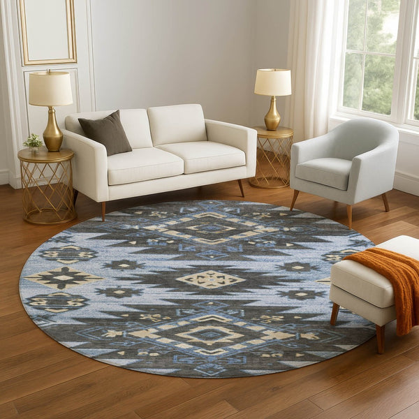 HomeRoots 8' X 10' Blue Charcoal Gray Tribal Rug - Washable, UV Protected, Stain Resistant for Busy Homes 708992
