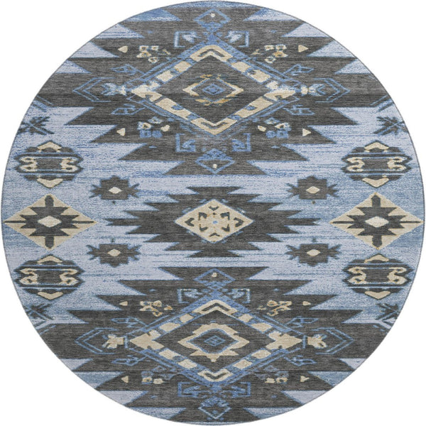HomeRoots 8' X 10' Blue Charcoal Gray Tribal Rug - Washable, UV Protected, Stain Resistant for Busy Homes 708992