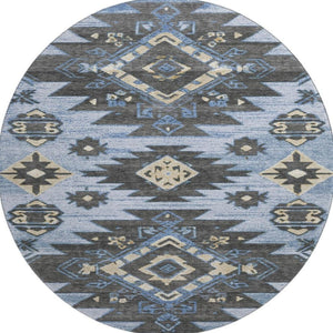 HomeRoots 8' X 10' Blue Charcoal Gray Tribal Rug - Washable, UV Protected, Stain Resistant for Busy Homes 708992