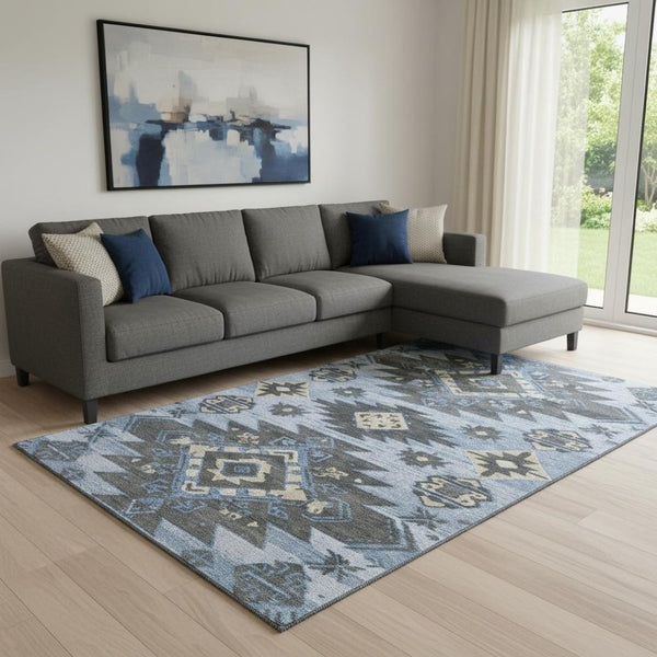 HomeRoots 9' X 12' Washable Tribal Area Rug with UV Protection - Stylish Blue, Charcoal & Gray for Any Room 708993