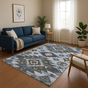 HomeRoots 9' X 12' Washable Tribal Area Rug with UV Protection - Stylish Blue, Charcoal & Gray for Any Room 708993