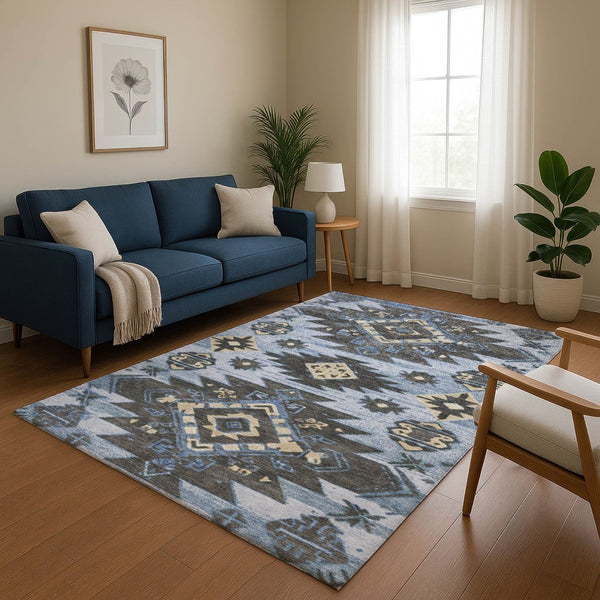 HomeRoots 9' X 12' Washable Tribal Area Rug with UV Protection - Stylish Blue, Charcoal & Gray for Any Room 708993