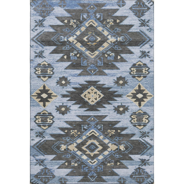 HomeRoots 9' X 12' Washable Tribal Area Rug with UV Protection - Stylish Blue, Charcoal & Gray for Any Room 708993