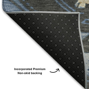 HomeRoots 9' X 12' Washable Tribal Area Rug with UV Protection - Stylish Blue, Charcoal & Gray for Any Room 708993