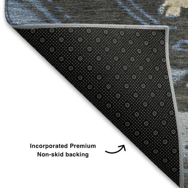 HomeRoots 9' X 12' Washable Tribal Area Rug with UV Protection - Stylish Blue, Charcoal & Gray for Any Room 708993