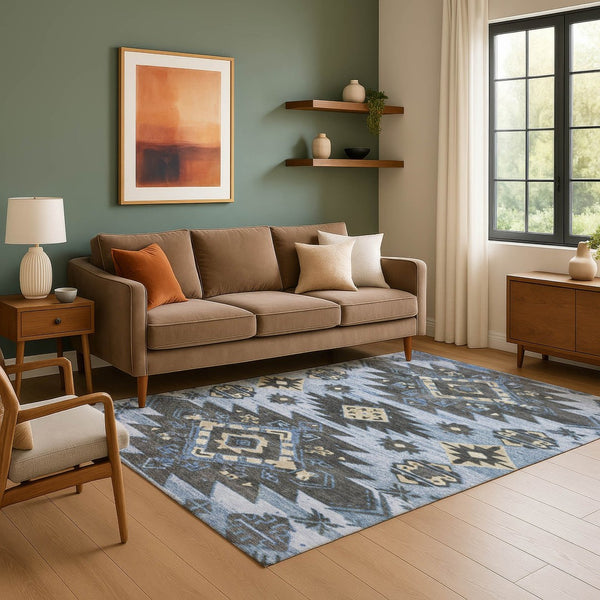 HomeRoots 9' X 12' Washable Tribal Area Rug with UV Protection - Stylish Blue, Charcoal & Gray for Any Room 708993