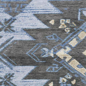 HomeRoots 9' X 12' Washable Tribal Area Rug with UV Protection - Stylish Blue, Charcoal & Gray for Any Room 708993