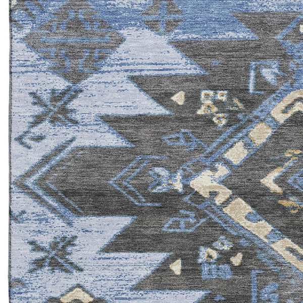 HomeRoots 9' X 12' Washable Tribal Area Rug with UV Protection - Stylish Blue, Charcoal & Gray for Any Room 708993