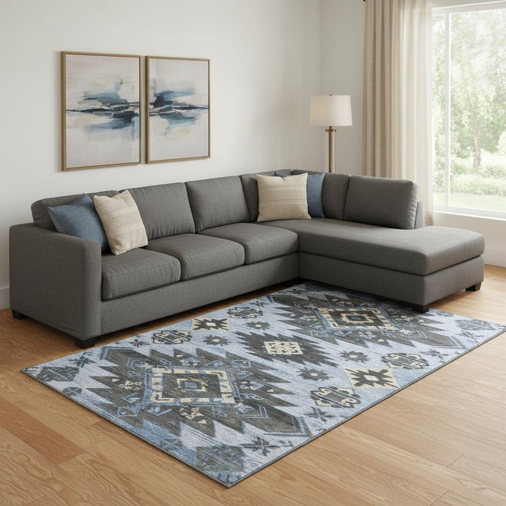 HomeRoots 10' X 14' Tribal Washable Area Rug in Blue Charcoal & Gray - UV Protection, Stain Resistant, Soft! 708994
