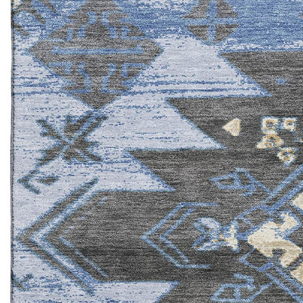 HomeRoots 10' X 14' Tribal Washable Area Rug in Blue Charcoal & Gray - UV Protection, Stain Resistant, Soft! 708994