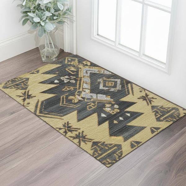HomeRoots 5' X 8' Stylish Gold Charcoal Gray Tribal Area Rug - Washable, UV Protected, Durable & Easy Care! 708996