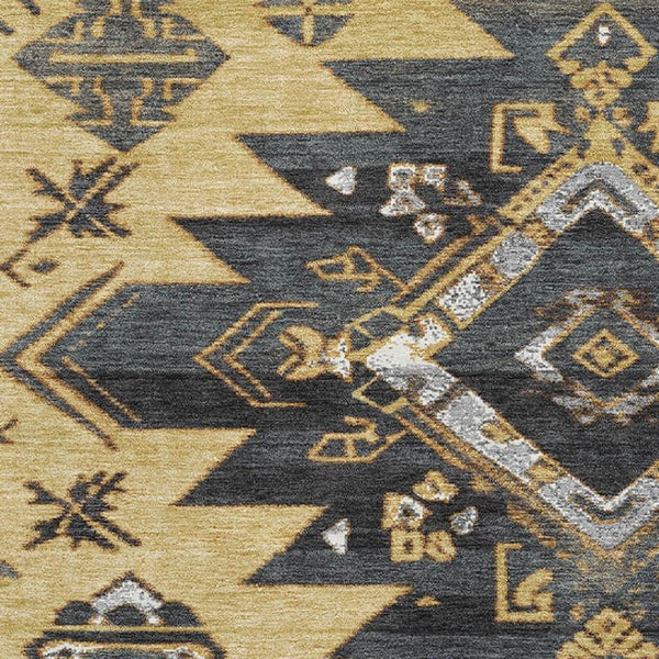 HomeRoots 5' X 8' Stylish Gold Charcoal Gray Tribal Area Rug - Washable, UV Protected, Durable & Easy Care! 708996