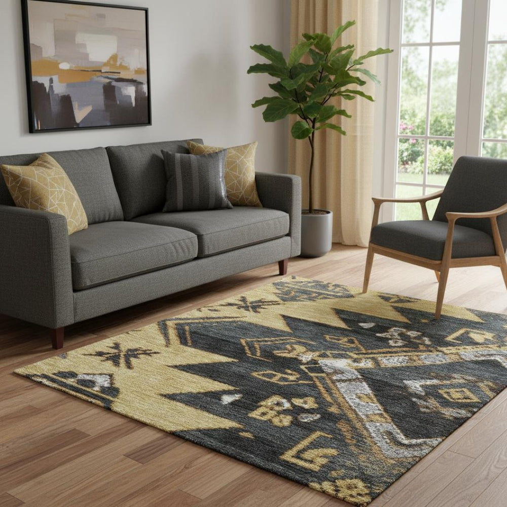 HomeRoots 8' Gold Charcoal Gray Tribal Washable Round Rug - Durable, UV-Protected, Non-Slip for Any Room 708997