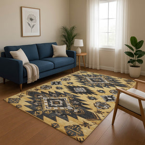 HomeRoots 8' Gold Charcoal Gray Tribal Washable Round Rug - Durable, UV-Protected, Non-Slip for Any Room 708997