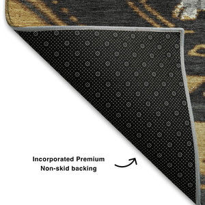 HomeRoots 8' Gold Charcoal Gray Tribal Washable Round Rug - Durable, UV-Protected, Non-Slip for Any Room 708997