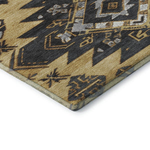 HomeRoots 8' Gold Charcoal Gray Tribal Washable Round Rug - Durable, UV-Protected, Non-Slip for Any Room 708997