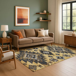 HomeRoots 8' Gold Charcoal Gray Tribal Washable Round Rug - Durable, UV-Protected, Non-Slip for Any Room 708997