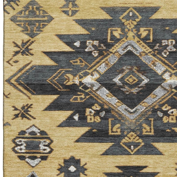 HomeRoots 8' Gold Charcoal Gray Tribal Washable Round Rug - Durable, UV-Protected, Non-Slip for Any Room 708997
