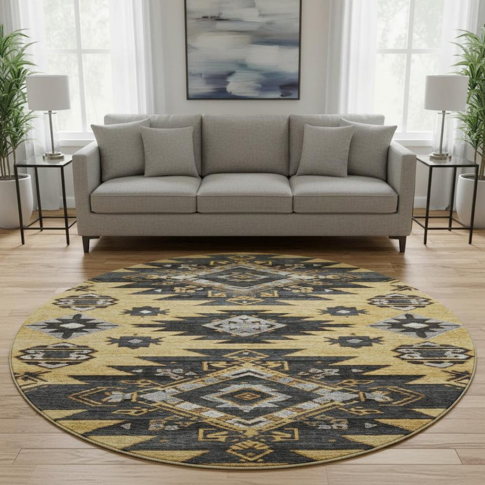 HomeRoots 8' X 10' Gold Charcoal Gray Tribal Area Rug – Washable, UV Resistant, Durable for Modern Living Spaces 708998