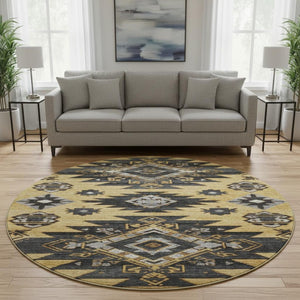 HomeRoots 8' X 10' Gold Charcoal Gray Tribal Area Rug – Washable, UV Resistant, Durable for Modern Living Spaces 708998
