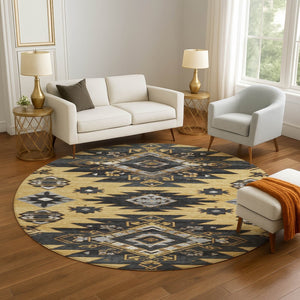 HomeRoots 8' X 10' Gold Charcoal Gray Tribal Area Rug – Washable, UV Resistant, Durable for Modern Living Spaces 708998