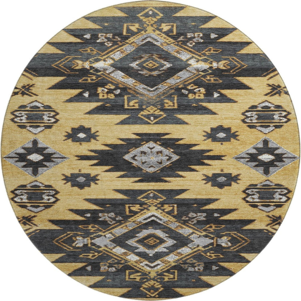 HomeRoots 8' X 10' Gold Charcoal Gray Tribal Area Rug – Washable, UV Resistant, Durable for Modern Living Spaces 708998