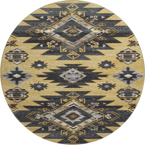 HomeRoots 8' X 10' Gold Charcoal Gray Tribal Area Rug – Washable, UV Resistant, Durable for Modern Living Spaces 708998