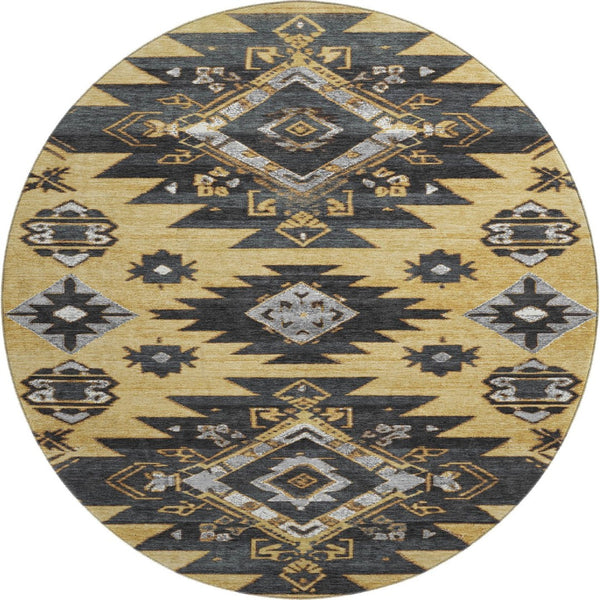 HomeRoots 8' X 10' Gold Charcoal Gray Tribal Area Rug – Washable, UV Resistant, Durable for Modern Living Spaces 708998