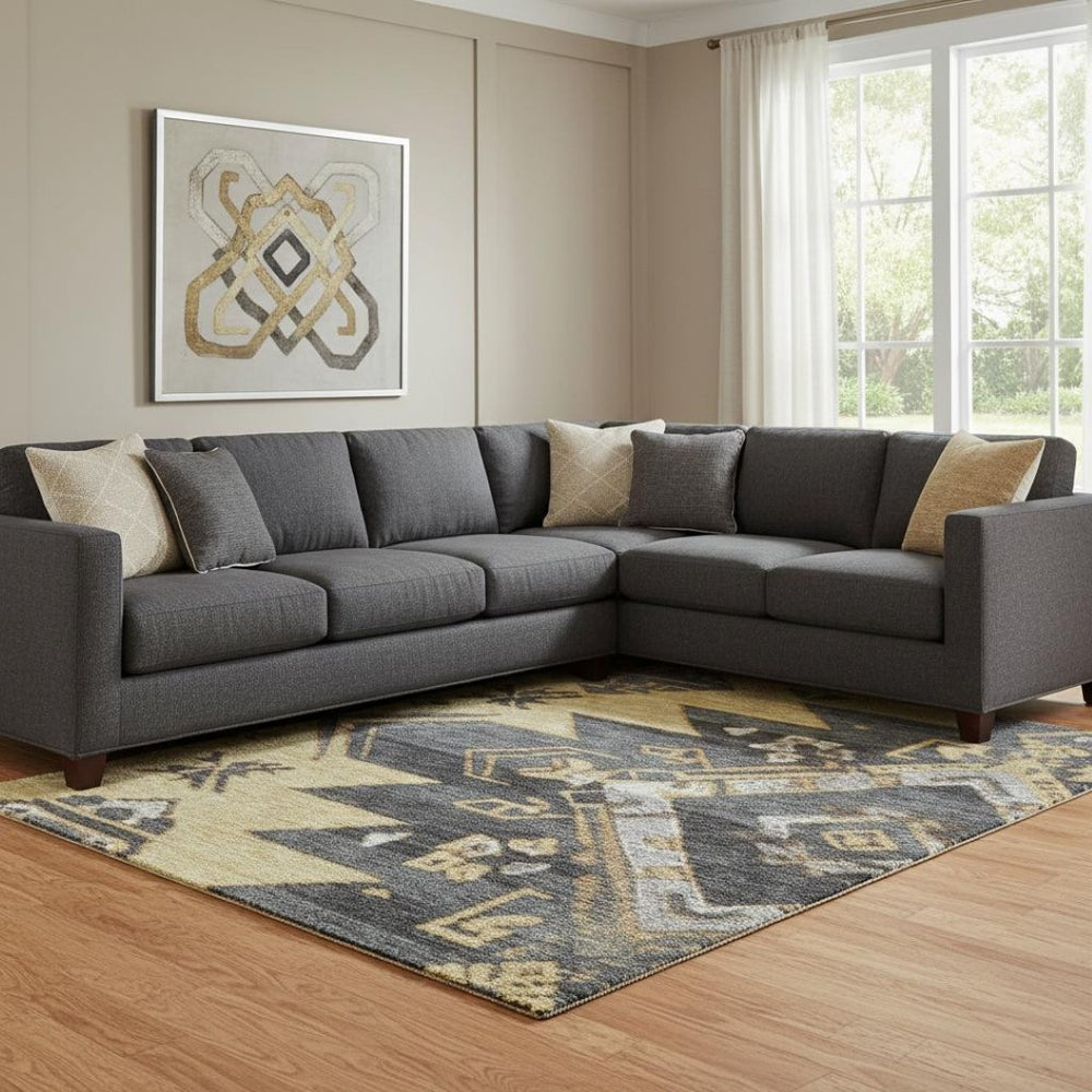HomeRoots 9' X 12' Gold Charcoal & Gray Tribal Area Rug - Washable, UV Protected, Durable & Stylish for Any Room 708999