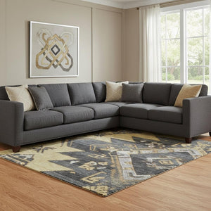 HomeRoots 9' X 12' Gold Charcoal & Gray Tribal Area Rug - Washable, UV Protected, Durable & Stylish for Any Room 708999