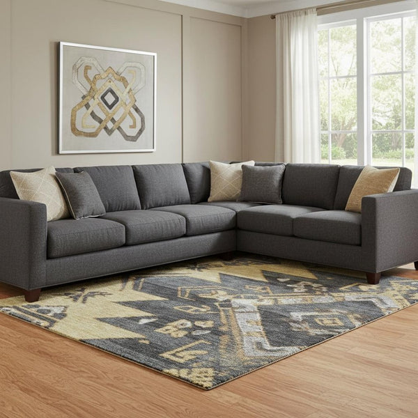 HomeRoots 9' X 12' Gold Charcoal & Gray Tribal Area Rug - Washable, UV Protected, Durable & Stylish for Any Room 708999