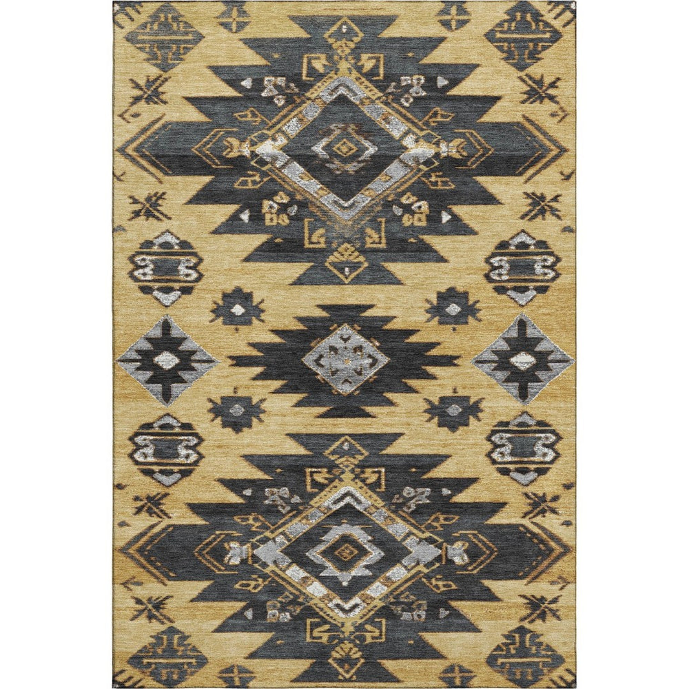 HomeRoots 9' X 12' Gold Charcoal & Gray Tribal Area Rug - Washable, UV Protected, Durable & Stylish for Any Room 708999