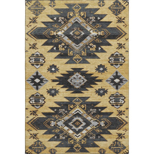 HomeRoots 9' X 12' Gold Charcoal & Gray Tribal Area Rug - Washable, UV Protected, Durable & Stylish for Any Room 708999