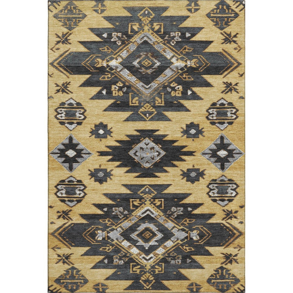 HomeRoots 9' X 12' Gold Charcoal & Gray Tribal Area Rug - Washable, UV Protected, Durable & Stylish for Any Room 708999