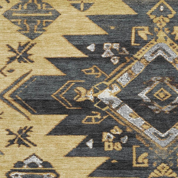 HomeRoots 9' X 12' Gold Charcoal & Gray Tribal Area Rug - Washable, UV Protected, Durable & Stylish for Any Room 708999