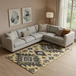 HomeRoots 10' X 14' Gold Charcoal Tribal Area Rug - Washable, UV Protected, Durable for Busy Homes & Stylish Spaces 709000