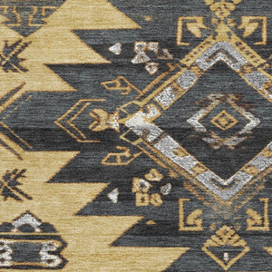 HomeRoots 10' X 14' Gold Charcoal Tribal Area Rug - Washable, UV Protected, Durable for Busy Homes & Stylish Spaces 709000