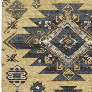 HomeRoots 10' X 14' Gold Charcoal Tribal Area Rug - Washable, UV Protected, Durable for Busy Homes & Stylish Spaces 709000