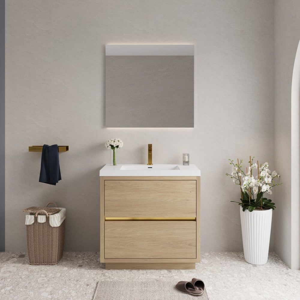 English Elm 36" Floating Bathroom Vanity Natural Oak Stone Resin Sink Soft Close Storage Cabinet W1573P211191