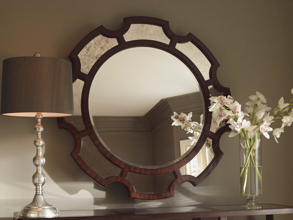 Lexington Del Mar Round Mirror - Antique Mirrored Frame With Ribbon Stripe Mahogany For Timeless Style Brentwood  708-201