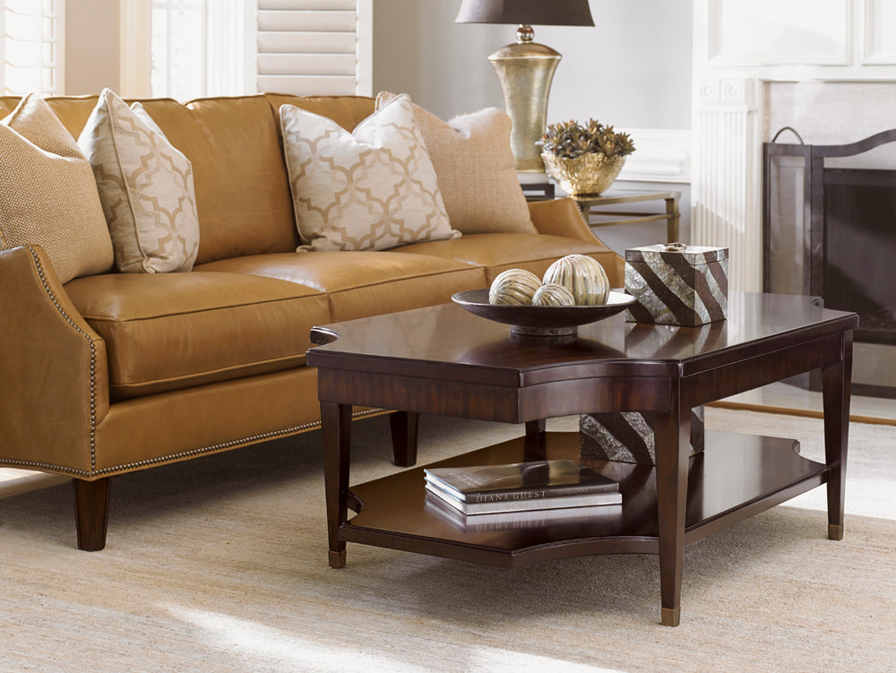 Lexington Richmond Rectangular Cocktail Table - Elegant Ribbon Stripe Mahogany, Antique Brass Details, Chic Design Brentwood  708-945