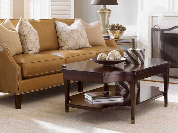 Lexington Richmond Rectangular Cocktail Table - Elegant Ribbon Stripe Mahogany, Antique Brass Details, Chic Design Brentwood  708-945