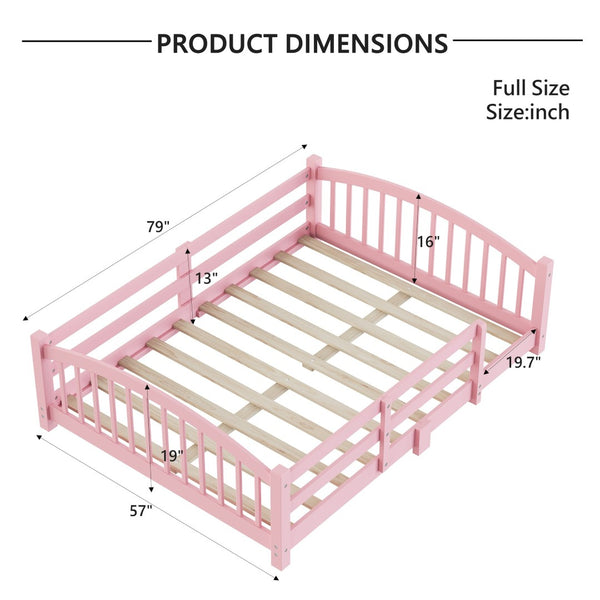 English Elm Full Montessori Pine Wood Floor Bed with Safety Rails Low Profile Kids Room Frame Pink N733P400299H