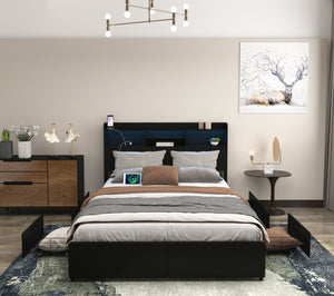 English Elm Full Bed Frame With 6 Storage Drawers, Fast Charging Headboard, Noise-Free Design, Black Finish W2129P387059